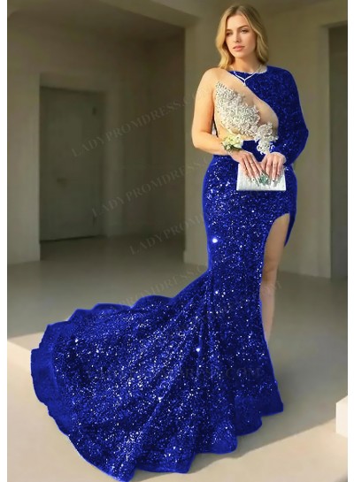 Royal Blue One-Sleeve Sequined High Slit Prom Dresses with Appliques
