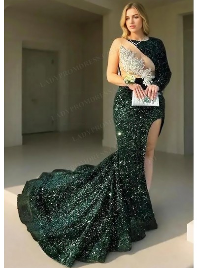 Dark Green One-Sleeve Sequined High Slit Prom Dresses with Appliques