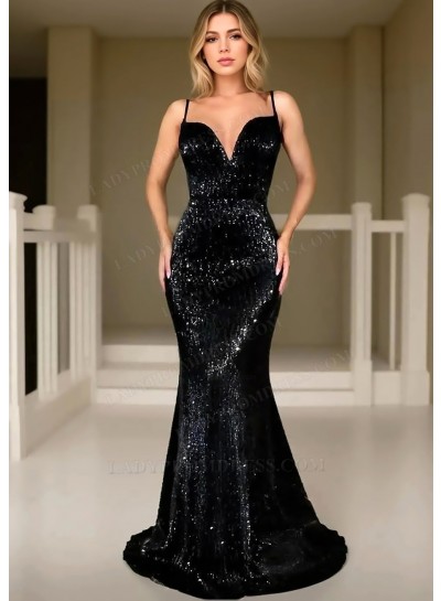 Black Sequins Spaghetti Straps Sheath Prom Dresses