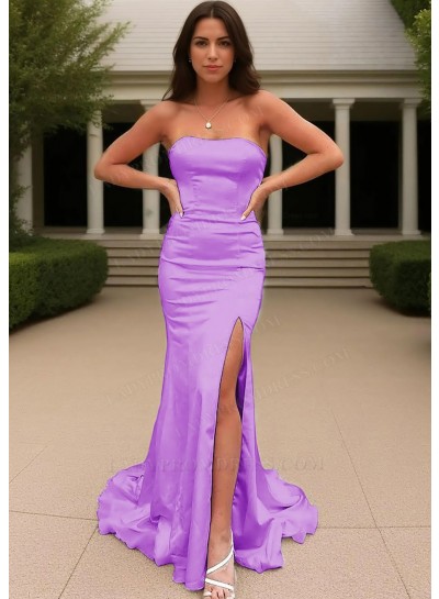 Lilac Satin Strapless High Slit Formal Evening Prom Dresses