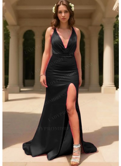 Black Satin V-Neck Sleeveless High Slit Floor Length Prom Dresses