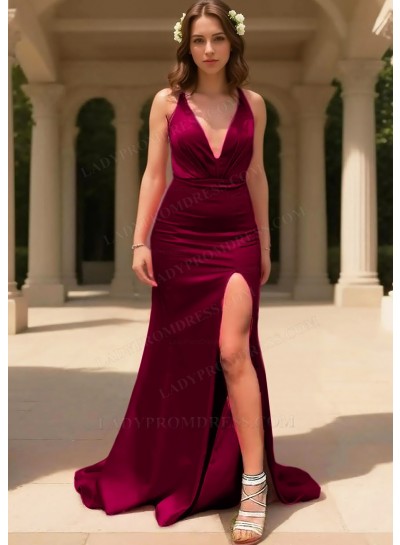 Burgundy Satin V-Neck Sleeveless High Slit Floor Length Prom Dresses
