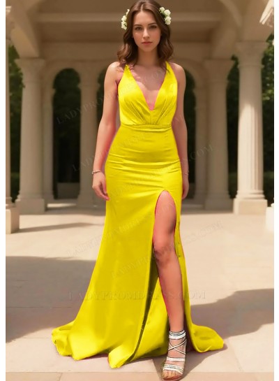 Daffodil Satin V-Neck Sleeveless High Slit Floor Length Prom Dresses