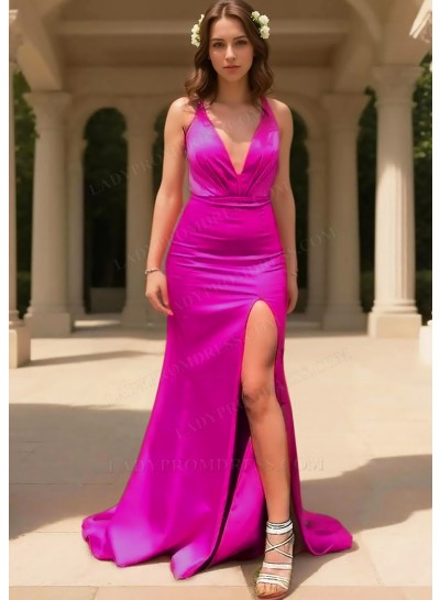 Fuchsia Satin V-Neck Sleeveless High Slit Floor Length Prom Dresses