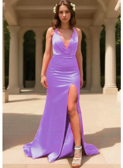 Lilac Satin V-Neck Sleeveless High Slit Floor Length Prom Dresses