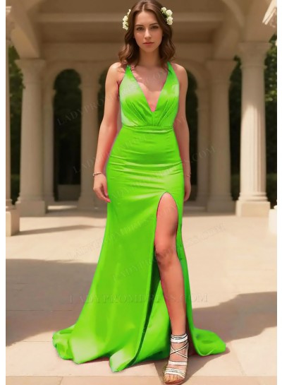 Lime Green Satin V-Neck Sleeveless High Slit Floor Length Prom Dresses