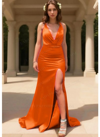 Orange Satin V-Neck Sleeveless High Slit Floor Length Prom Dresses