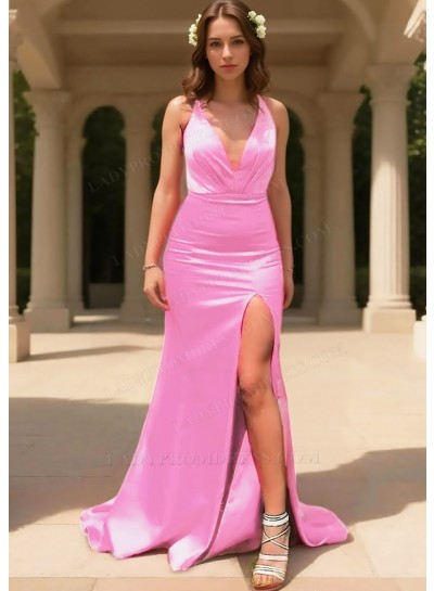 Pale Pink Satin V-Neck Sleeveless High Slit Floor Length Prom Dresses