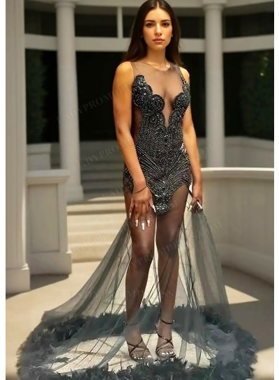 Black Sheer Tulle Beaded Mermaid Prom Dresses with Feathers