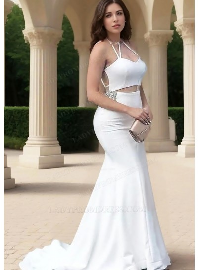 White Halter Two Piece Mermaid Satin Prom Dresses