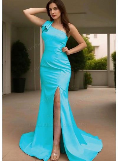 Blue One Shoulder Satin Floor Length Slit Evening Dresses