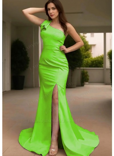Lime Green One Shoulder Satin Floor Length Slit Evening Dresses