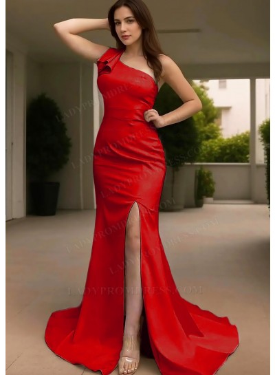 Red One Shoulder Satin Floor Length Slit Evening Dresses