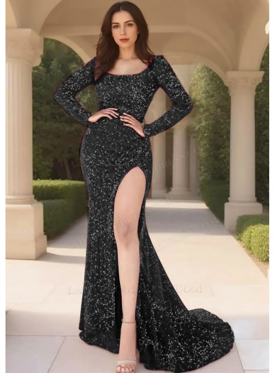 Black Sequins Long Sleeve Scoop Neck High Slit Evening Prom Dresses