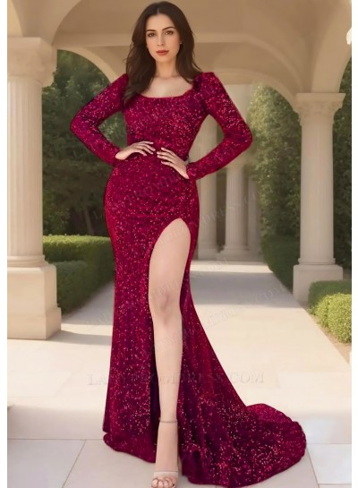 Burgundy Sequins Long Sleeve Scoop Neck High Slit Evening Prom Dresses