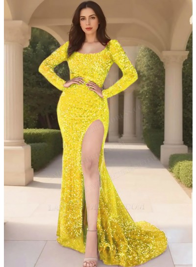 Daffodil Sequins Long Sleeve Scoop Neck High Slit Evening Prom Dresses
