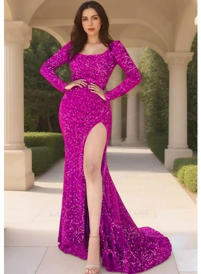 Fuchsia Sequins Long Sleeve Scoop Neck High Slit Evening Prom Dresses
