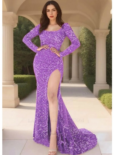 Lilac Sequins Long Sleeve Scoop Neck High Slit Evening Prom Dresses