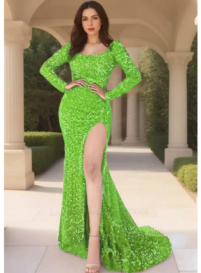 Lime Green Sequins Long Sleeve Scoop Neck High Slit Evening Prom Dresses