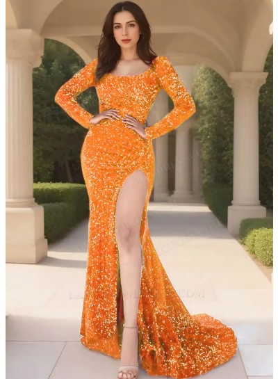 Orange Sequins Long Sleeve Scoop Neck High Slit Evening Prom Dresses