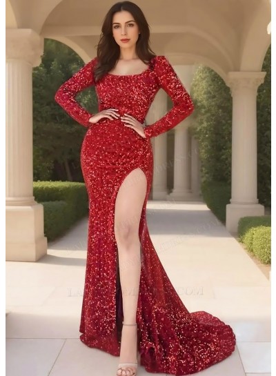 Red Sequins Long Sleeve Scoop Neck High Slit Evening Prom Dresses