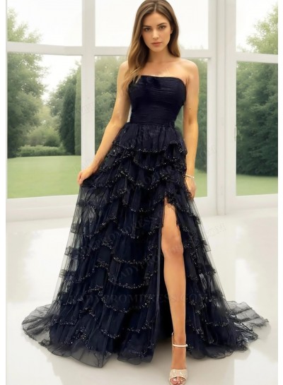 Black Tulle Ball Gown Strapless Layered High Slit Prom Dresses with Beaded