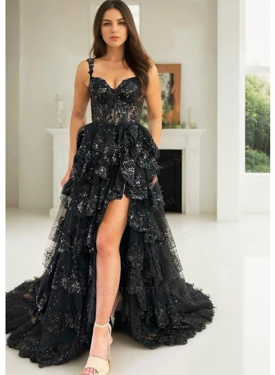 Black Floral Lace Sweetheart Layered Side Split Prom Dresses
