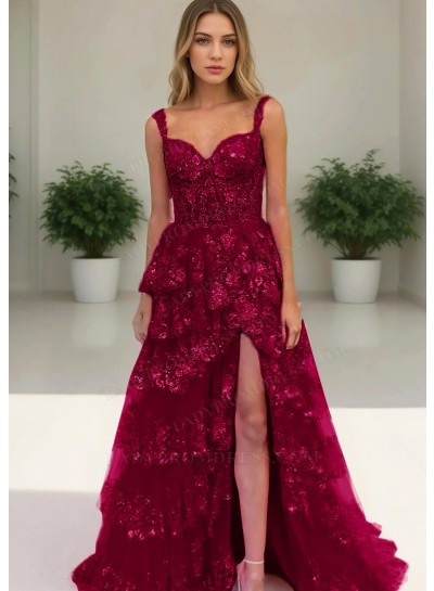 Burgundy Floral Lace Sweetheart Layered Side Split Prom Dresses