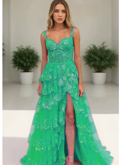 Emerald Floral Lace Sweetheart Layered Side Split Prom Dresses