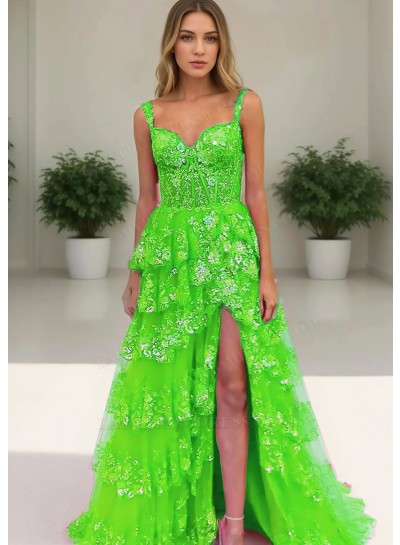 Lime Green Floral Lace Sweetheart Layered Side Split Prom Dresses