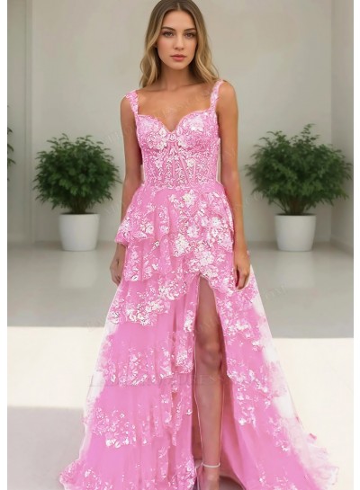 Pale Pink Floral Lace Sweetheart Layered Side Split Prom Dresses