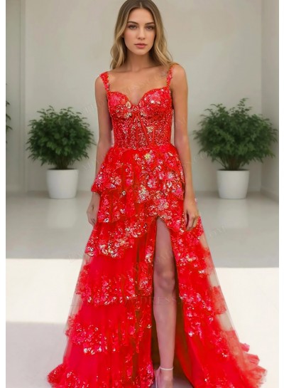 Red Floral Lace Sweetheart Layered Side Split Prom Dresses