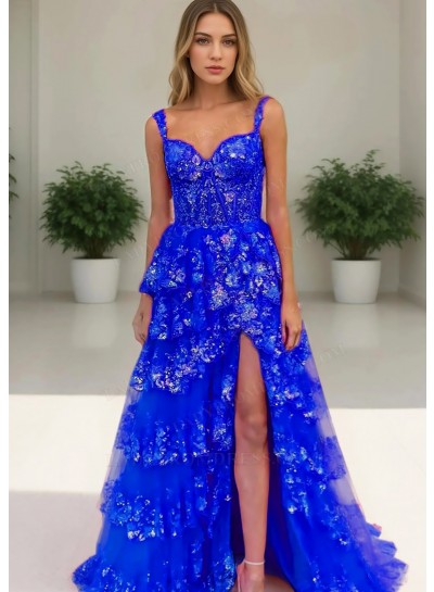 Royal Blue Floral Lace Sweetheart Layered Side Split Prom Dresses