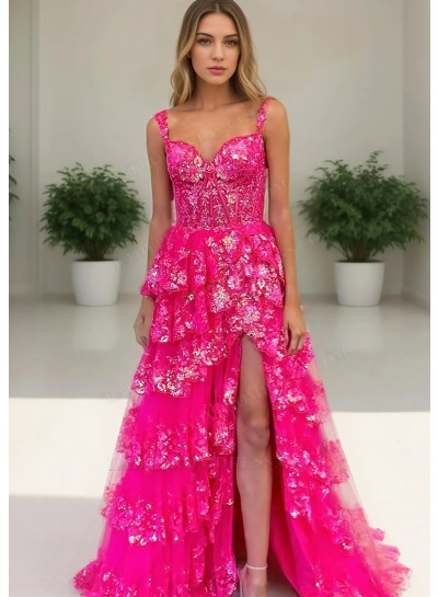 Hot Pink Floral Lace Sweetheart Layered Side Split Prom Dresses