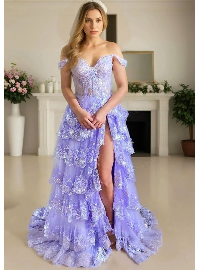 Lilac Off the Shoulder Layered Lace A-line Slit Prom Dresses