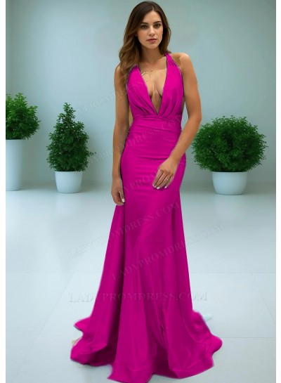 Fuchsia Plunging Neck Backless Mermaid Evening Prom Dresses