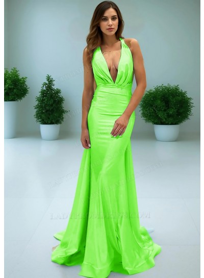 Lime Green Plunging Neck Backless Mermaid Evening Prom Dresses