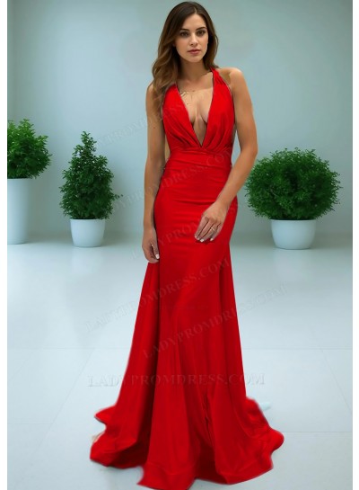 Red Plunging Neck Backless Mermaid Evening Prom Dresses
