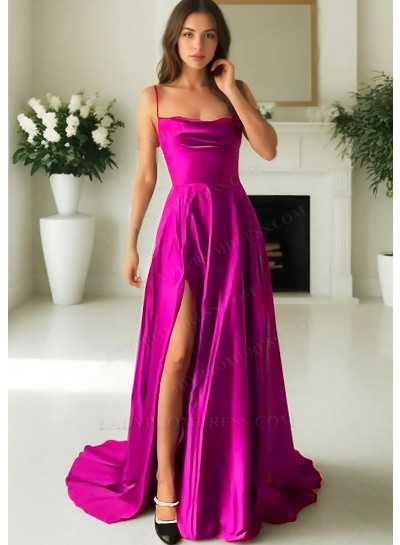 Fuchsia Satin Spaghetti Straps High Slit A-line Evening Prom Dresses