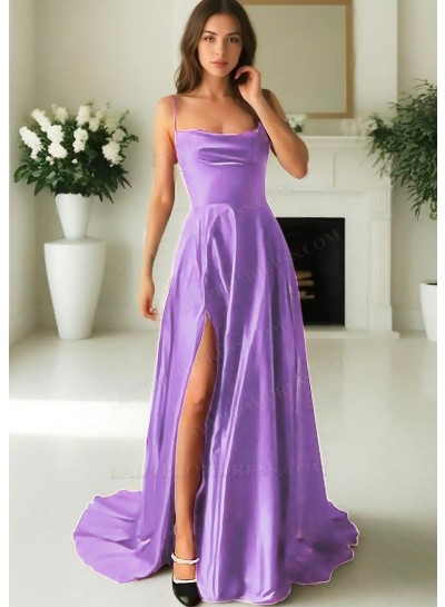 Lilac Satin Spaghetti Straps High Slit A-line Evening Prom Dresses