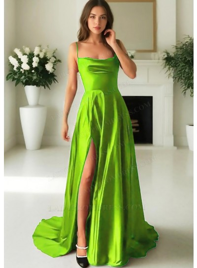 Lime Green Satin Spaghetti Straps High Slit A-line Evening Prom Dresses