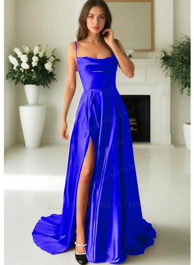 Royal Blue Satin Spaghetti Straps High Slit A-line Evening Prom Dresses