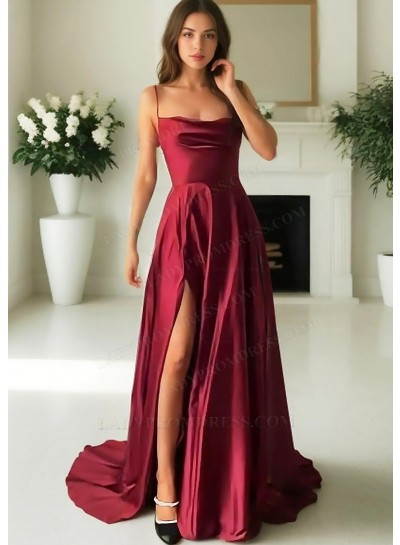 Burgundy Satin Spaghetti Straps High Slit A-line Evening Prom Dresses