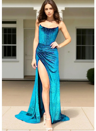 Blue Strapless A-line Sequins High Split Evening Prom Dresses