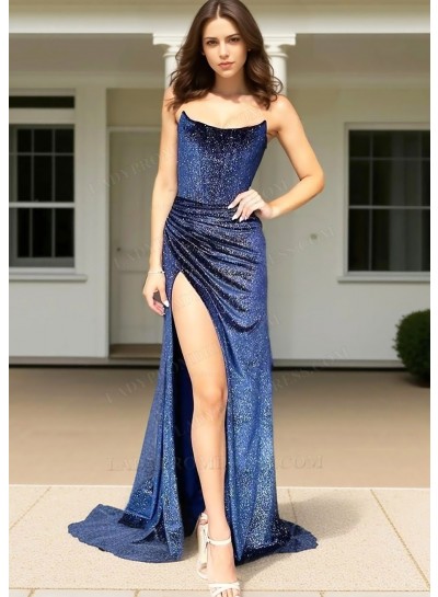 Royal Blue Strapless A-line Sequins High Split Evening Prom Dresses