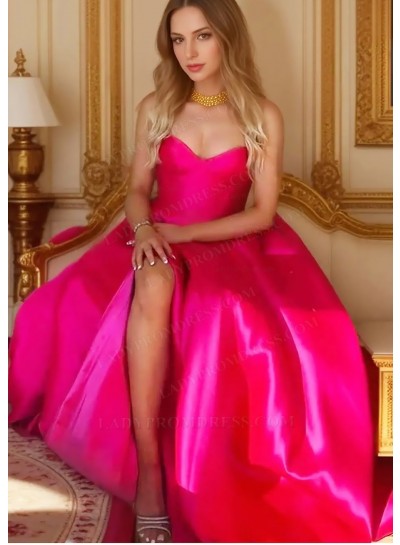 Hot Pink Sweetheart A-line Satin Slit Prom dresses