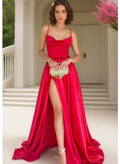 Red Spaghetti Straps High Slit Prom Dresses