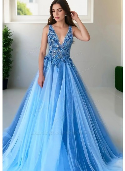Blue V-neck Tulle Ball Gown Prom Dresses with Appliques