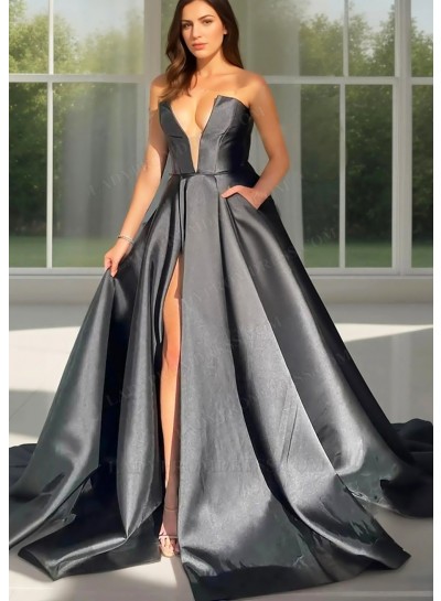 Black Ball Gown Satin Prom Dresses with Side Slit