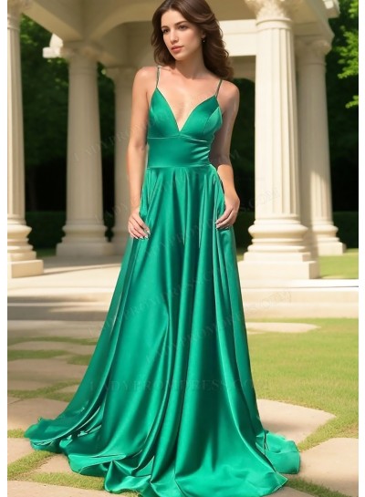 Emerald Green Spaghetti Straps Satin Prom Dresses